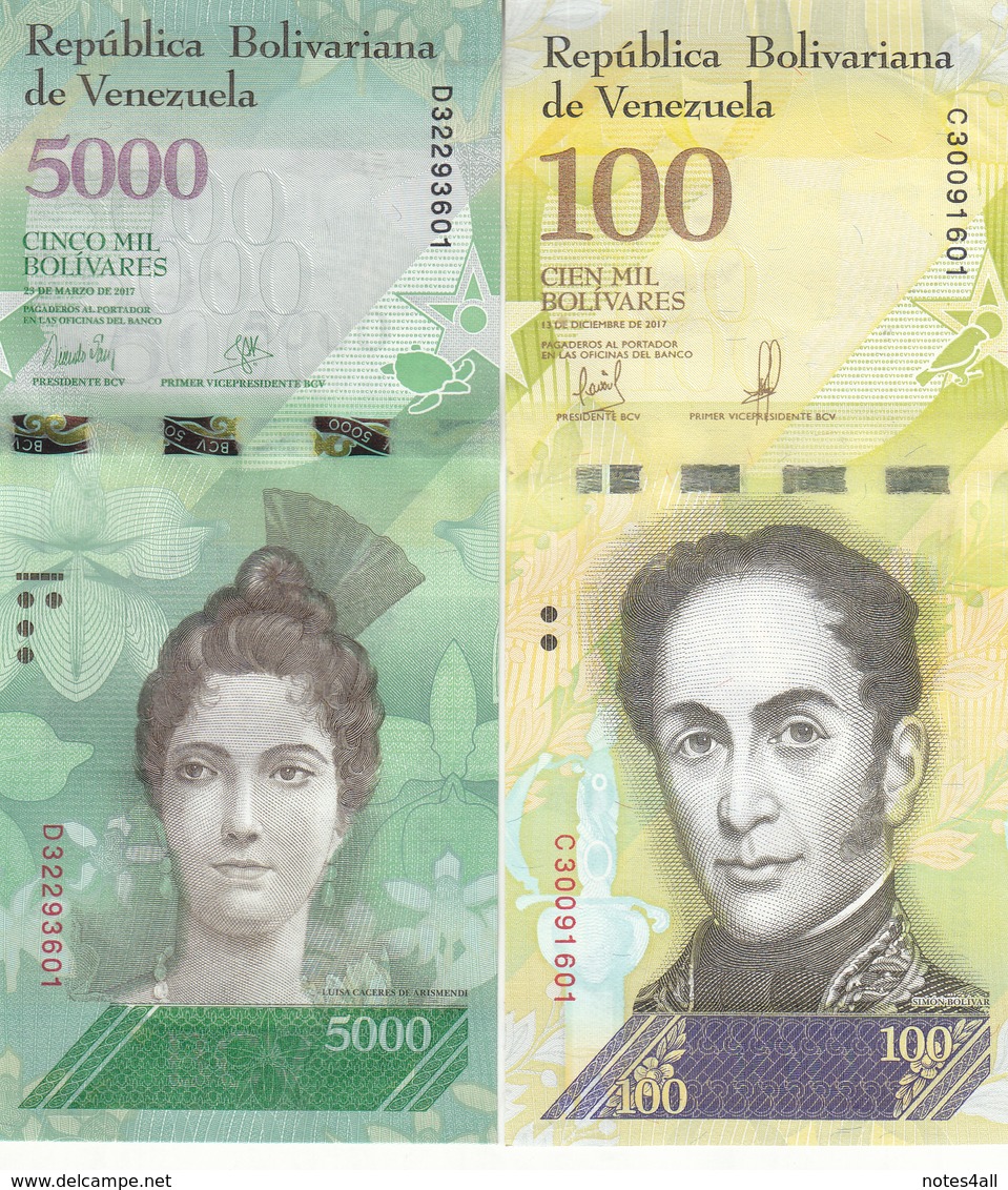 VENEZUELA 500 : 100000 Bolivares 2016 2017 P94 :P100 New UNC 7 NOTES SET */* - Venezuela