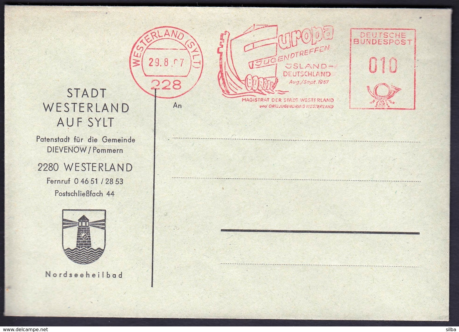 Germany Westerland 1967 / Europa Youth Meeting Island - Germany / Sylt / Ship / Machine Stamp, EMA - European Ideas