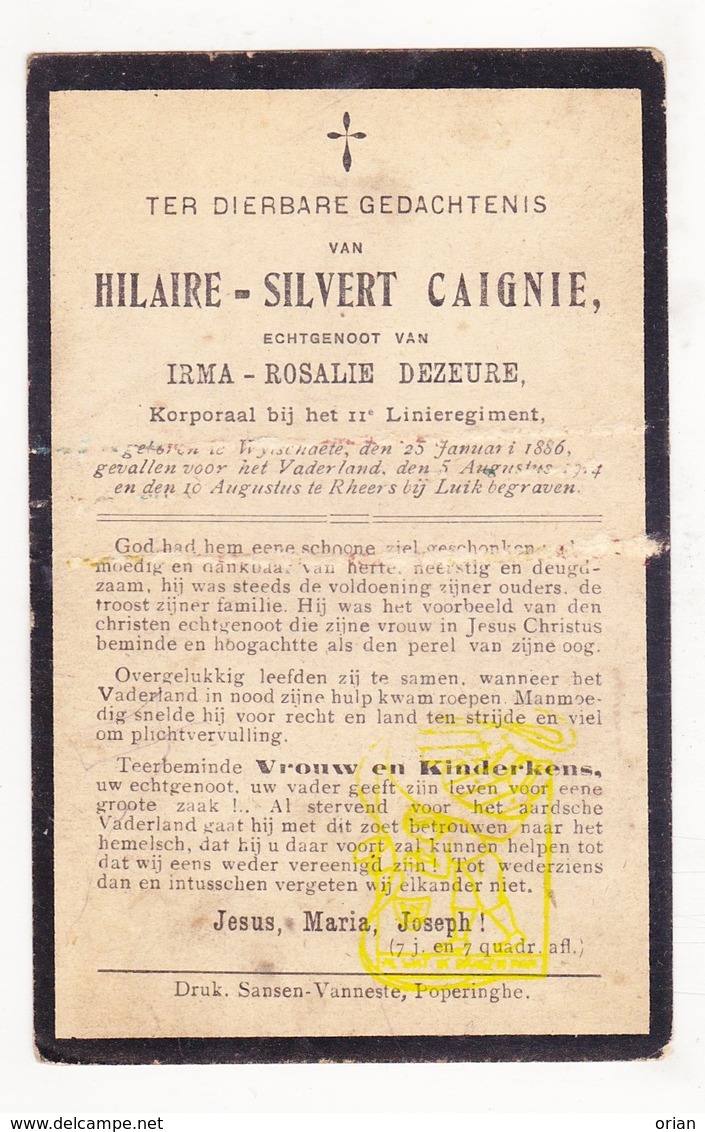 DP Gesneuveld WO I Tombé 14-18 Hilaire Caignie ° Wijtschate 1886 † Herstal 1914 X I. Dezeure / Wulvergem / Rhees Liège - Imágenes Religiosas