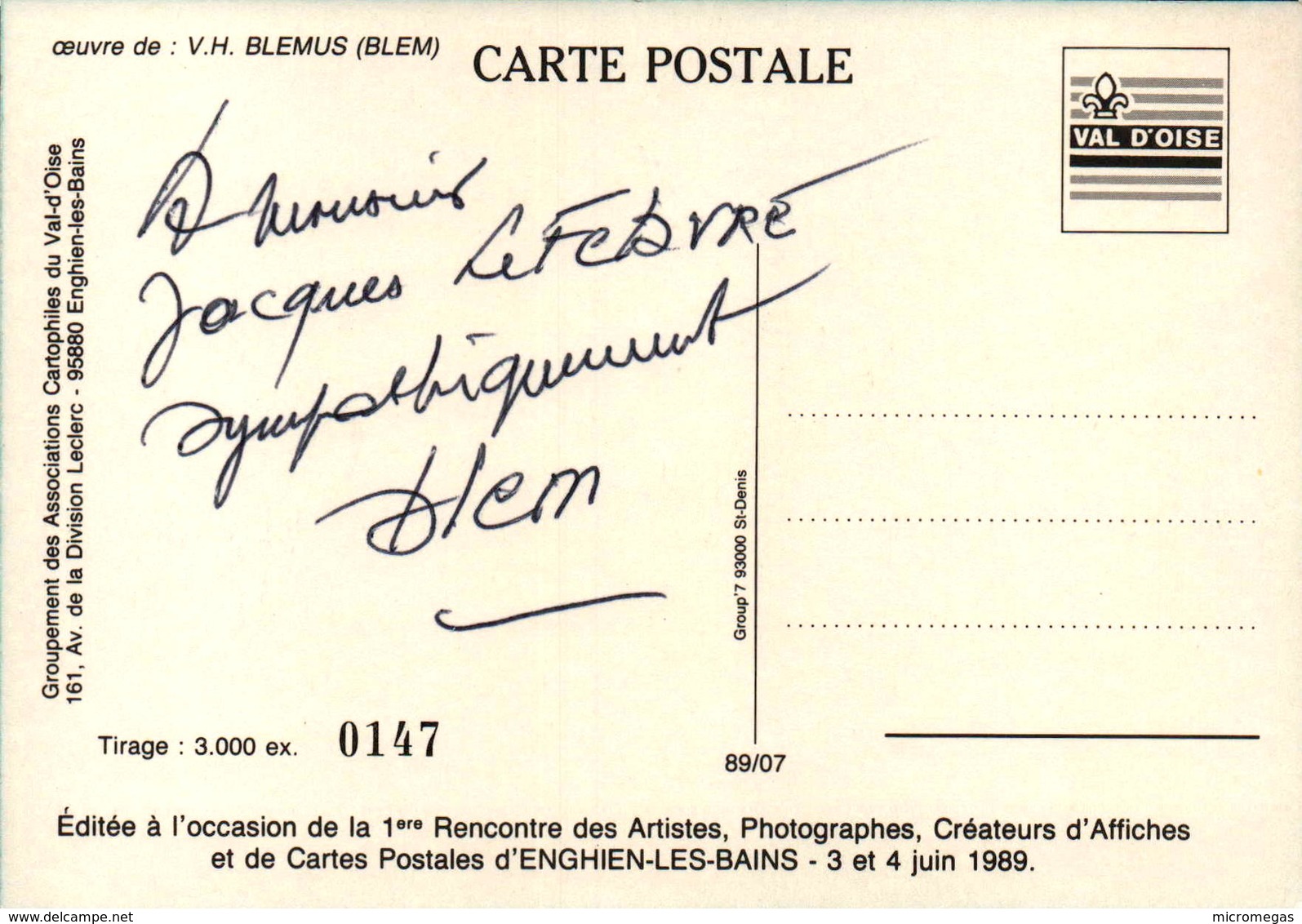 Enghien-les-Bains - 1ère Rencontre De Créateurs D'Affiches Et De Cartes Postales 1989 - Bourses & Salons De Collections