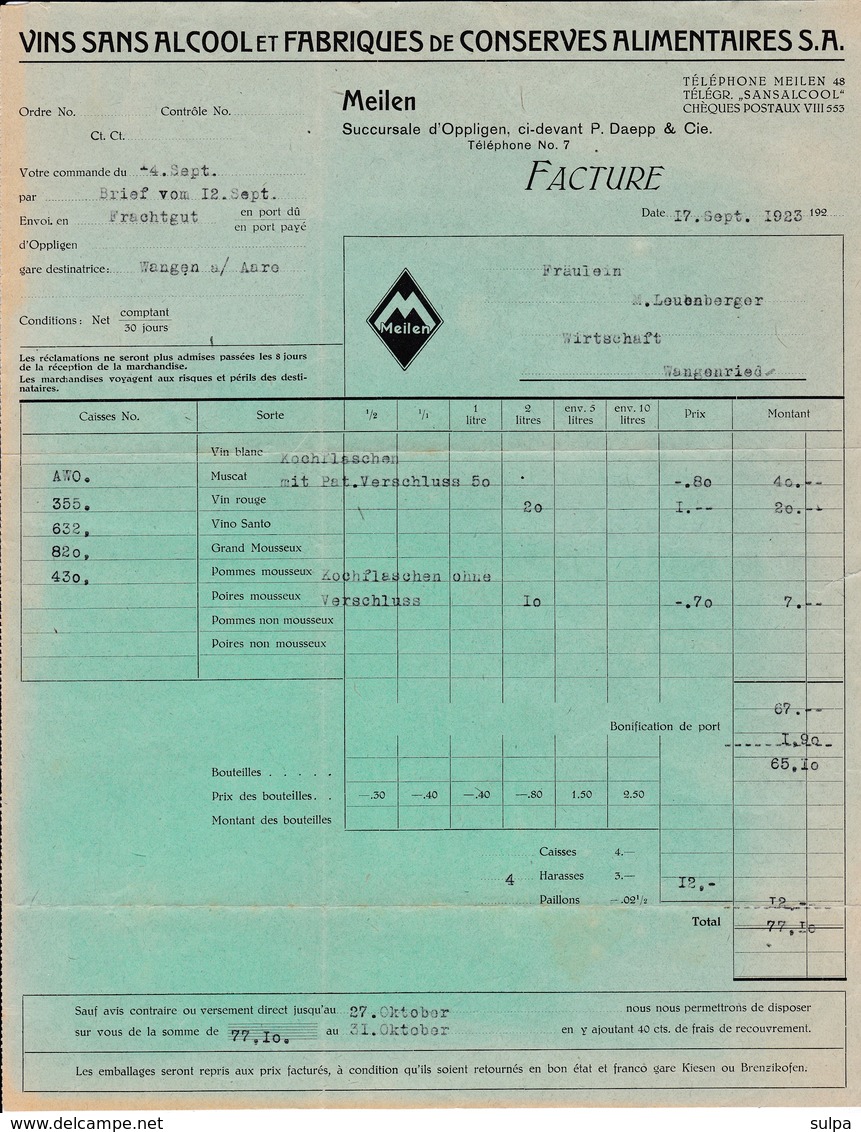 Rechnung Vins Sans Alcool Et Fabriques De Conserves Alimentaires S.A. Meilen 1923 - Suisse