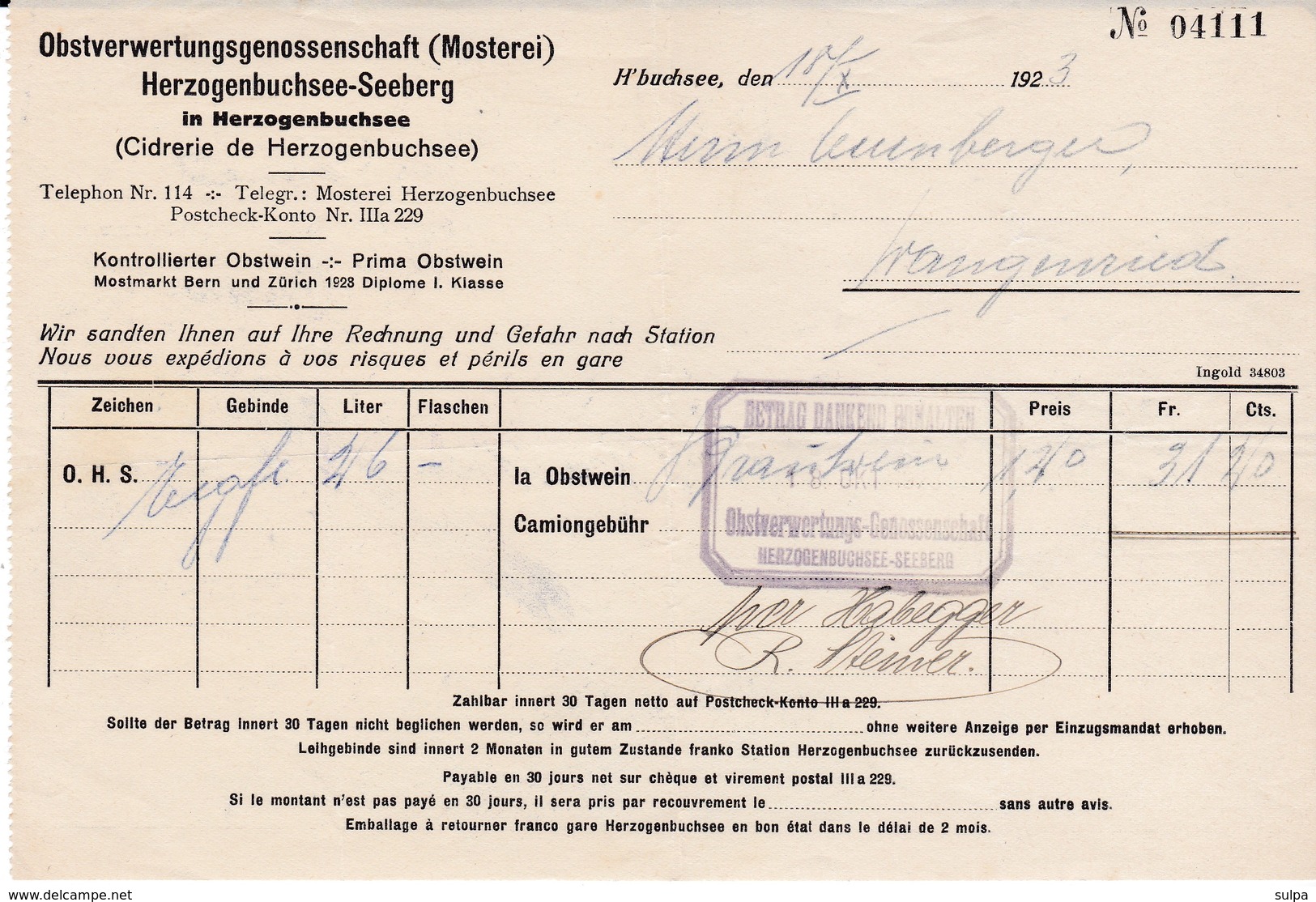 Rechnung Obstverwertungsgenossenschaft (Mosterei) Herzogenbuchsee-Seeberg, 1923 - Suisse