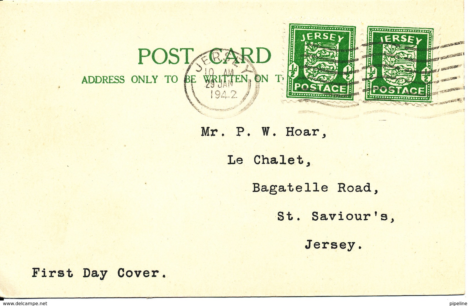 Jersey FDC 29-1-1942 Postcard Jersey Postage Stamps In Pair - Jersey