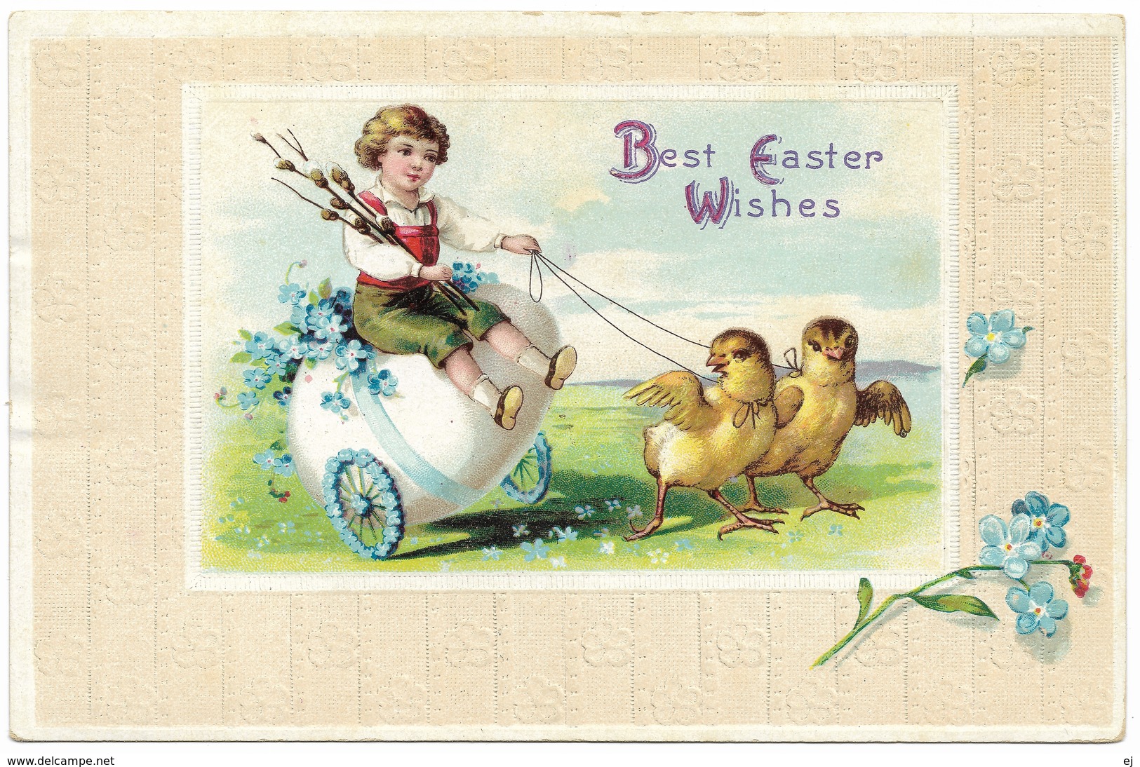 Best Easter Wishes 1913 - International Art New York - Child Enfant, Egg Pulled By Chicks, Embossed Border - Easter