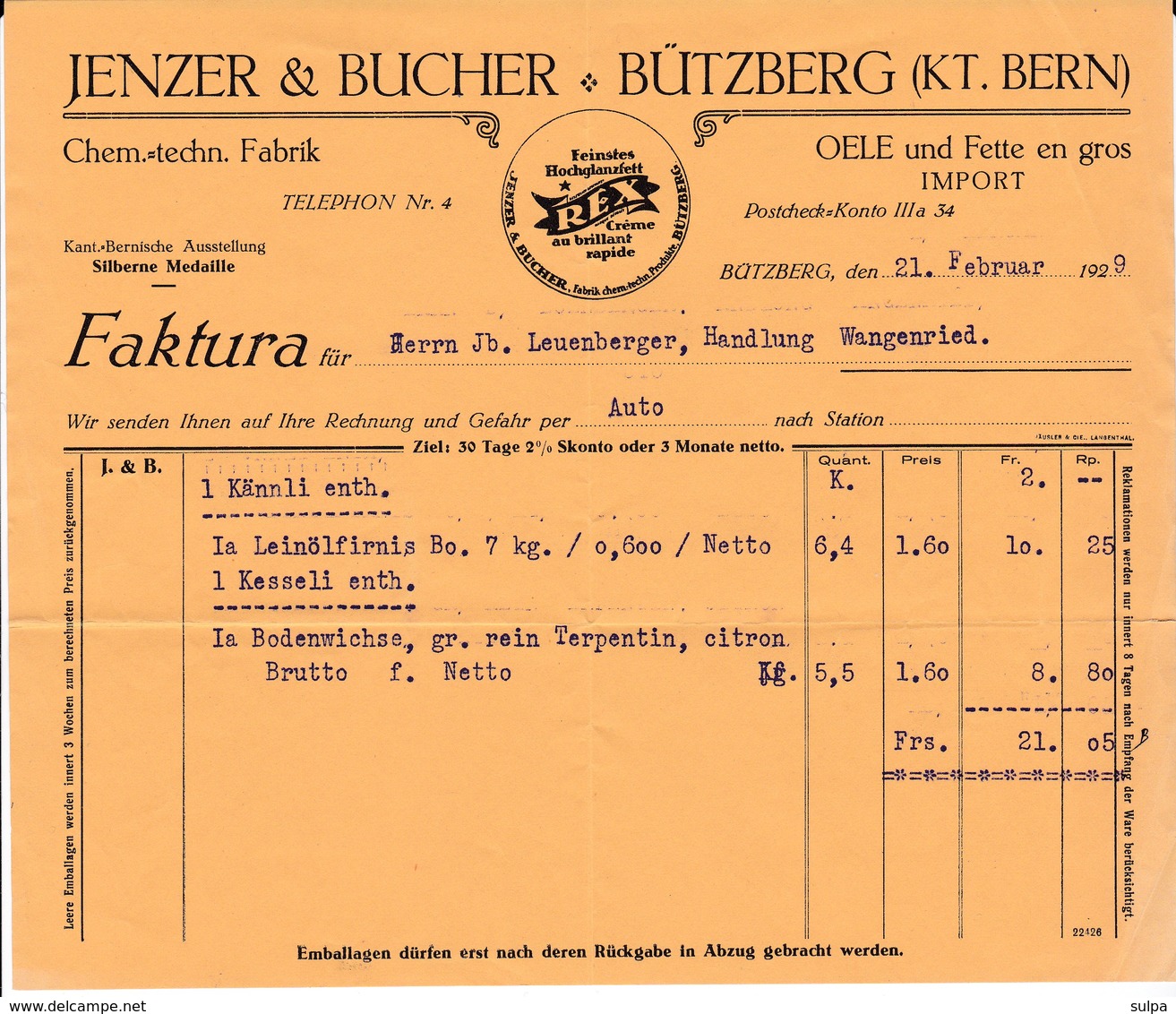 Rechnung  Jenzer & Bucher, Bützberg, Oele Und Fette En Gros,  Hochglanz Fell REX,1929 - Svizzera