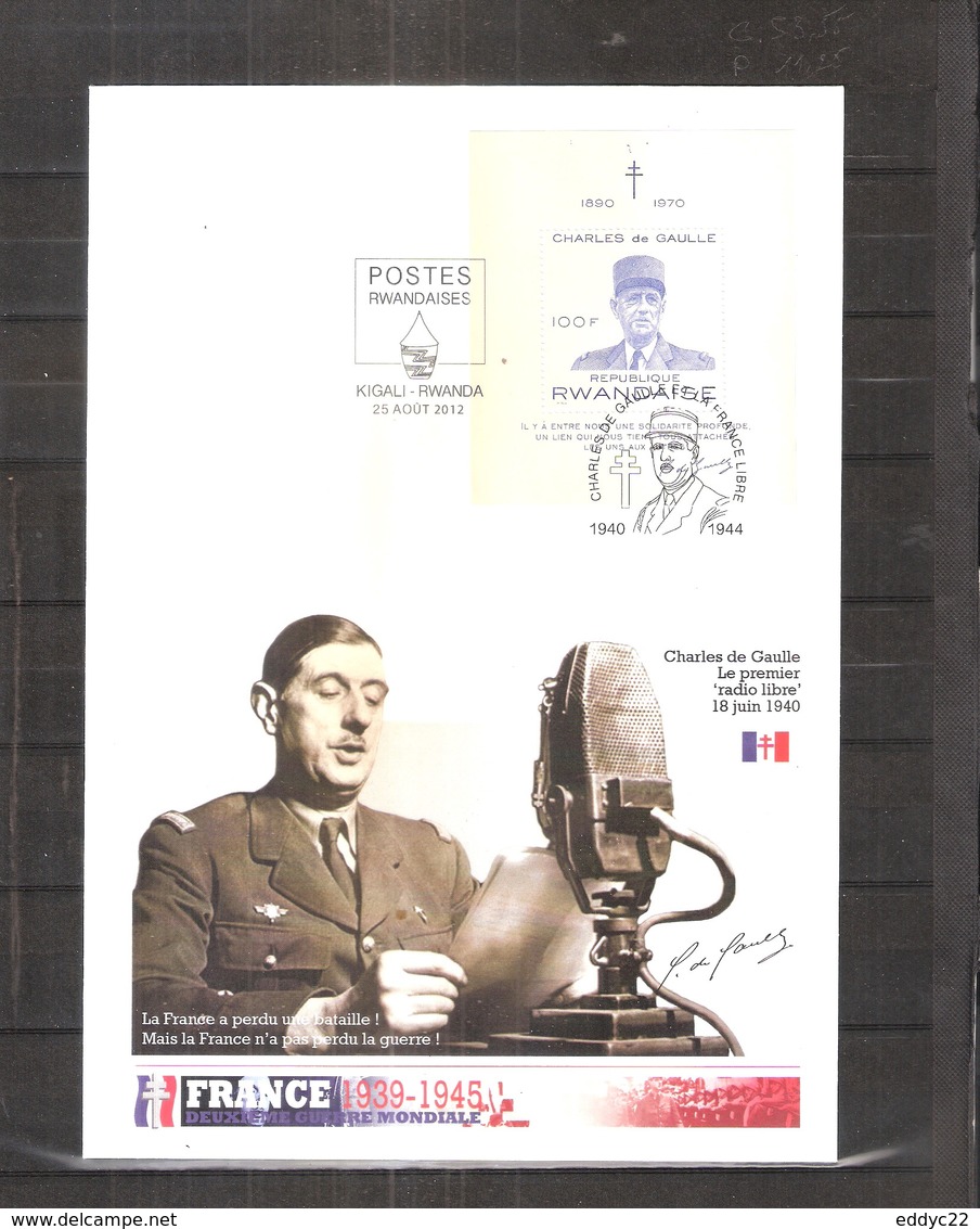 Grande Enveloppe Du Rwanda Avec Bloc 23 Général De Gaulle - L'Appel Du 18 Juin 1940 (à Voir) - De Gaulle (General)