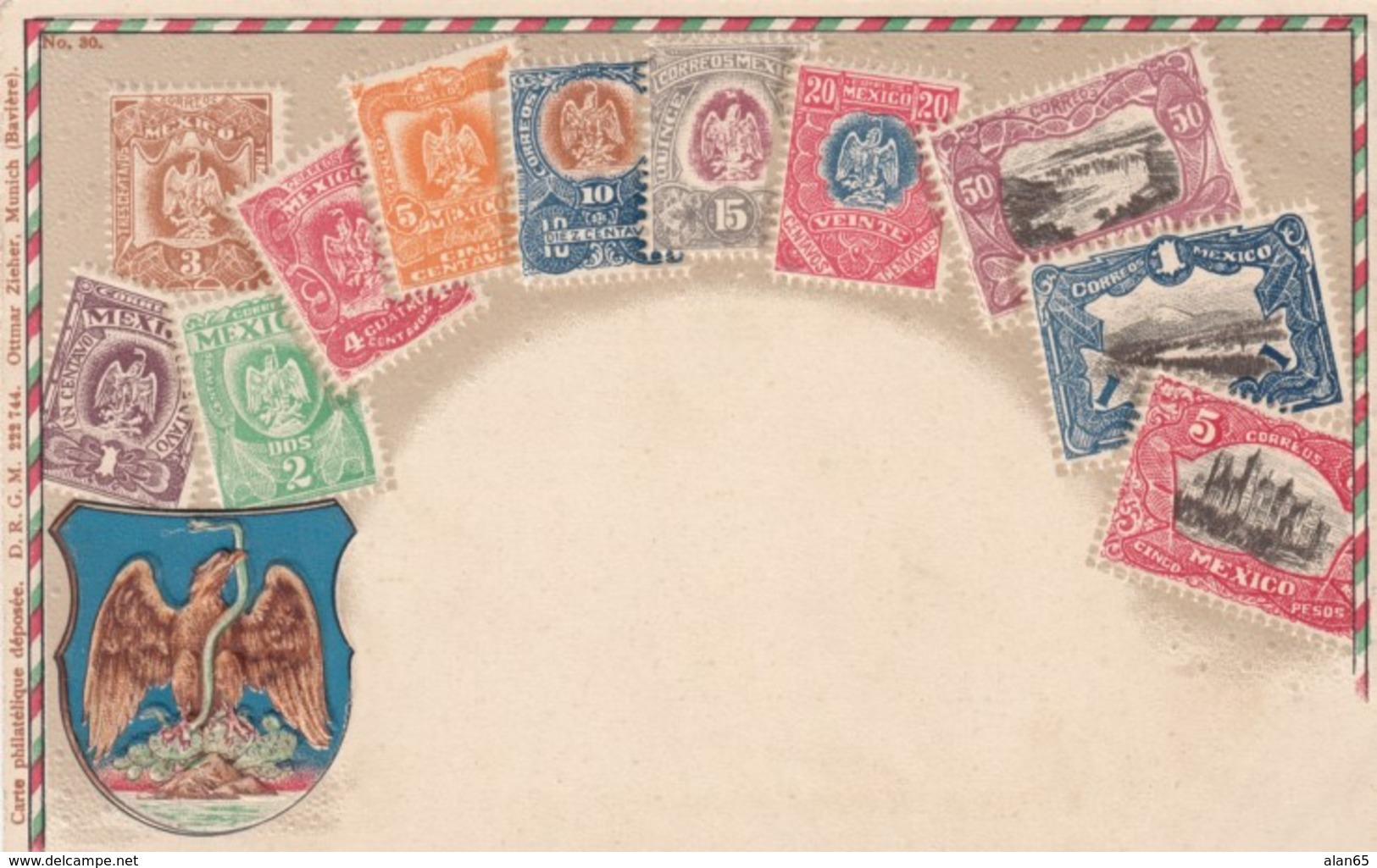 Stamps Of Mexico Images, Ottmar Zieher Issued C1900s Vintage Embossed Postcard - Stamps (pictures)