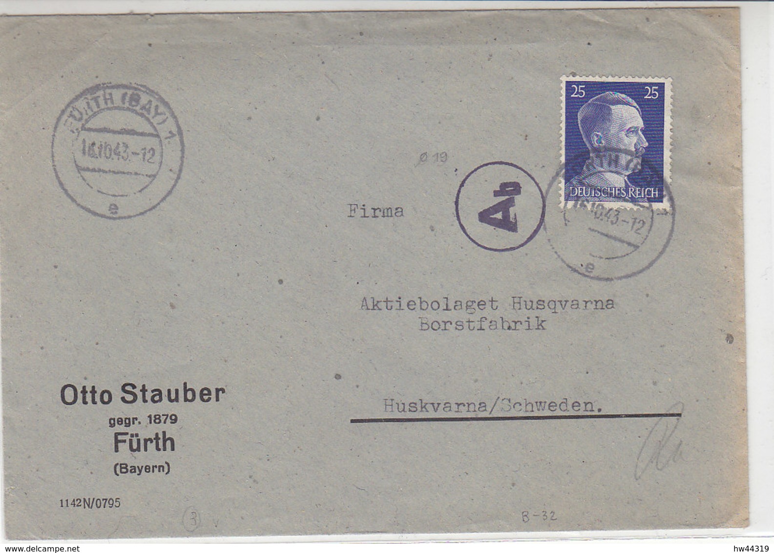 Zensurbrief Von Fa. Otto Stauber Aus FÜRTH 16.10.43 Nach Husqvarna/Schweden - Briefe U. Dokumente