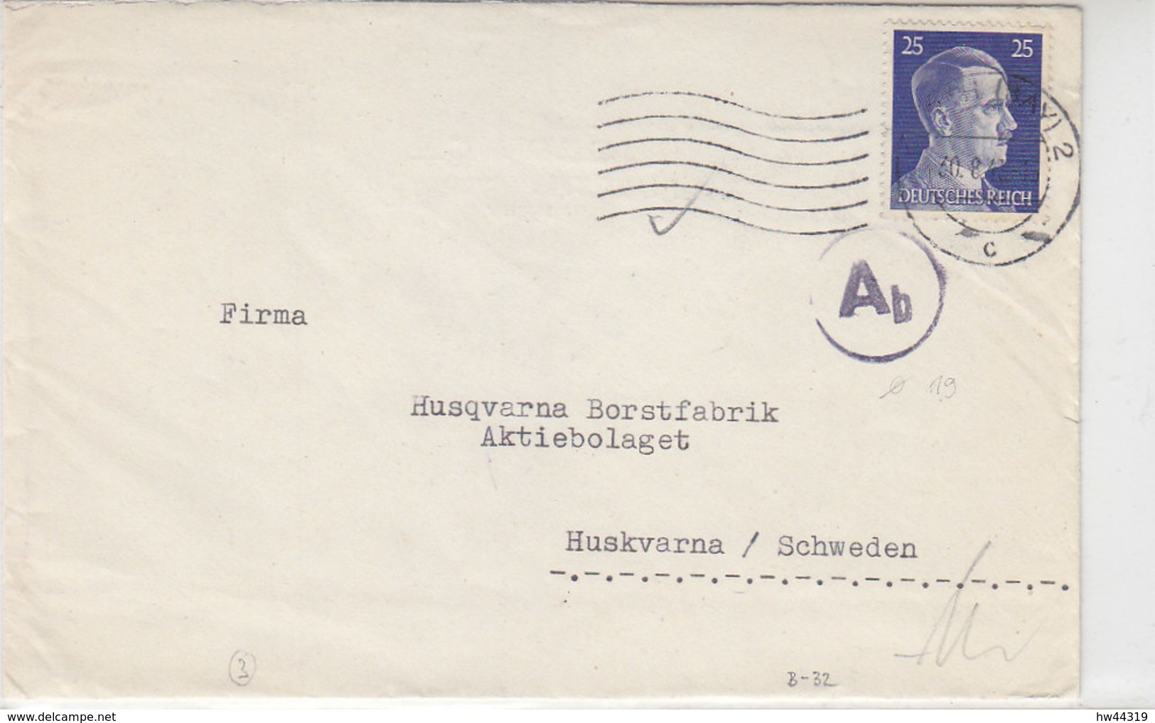 Zensurbrief Von Fa. UNGER & CIE Aus FÜRTH 30.8.43 Nach Husqvarna/Schweden - Briefe U. Dokumente