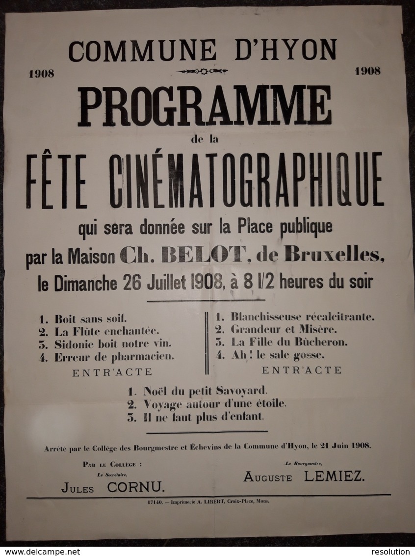 Placard (affiche) - Programme De La Fête Cinématographique De La Commune D'HYON 26 Juillet 1908 (50x65 Cm) - Affiches