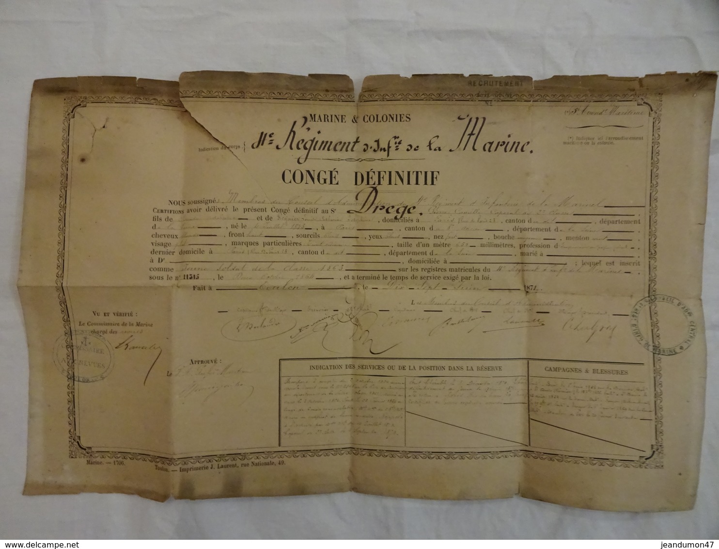 MARINE & COLONIES - ANNEE 1871 -  4 E REGIMENT D'INFANTERIE DE LA MARINE. CONGE DEFINITIF. SOLDAT DE LA CLASSE 1863 - Documents