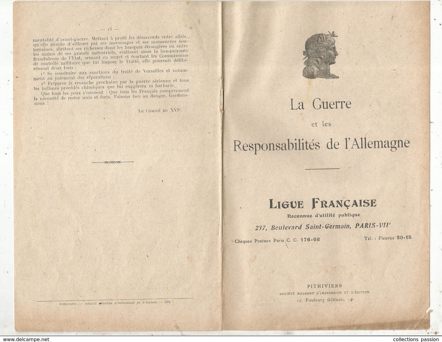 LA GUERRE Et Les RESPONSABILITES DE L'ALLEMAGNE , Guerre 1914-18 ,LIGUE FRANCAISE ,2  Scans, Frais Fr 1.95e - Weltkrieg 1914-18