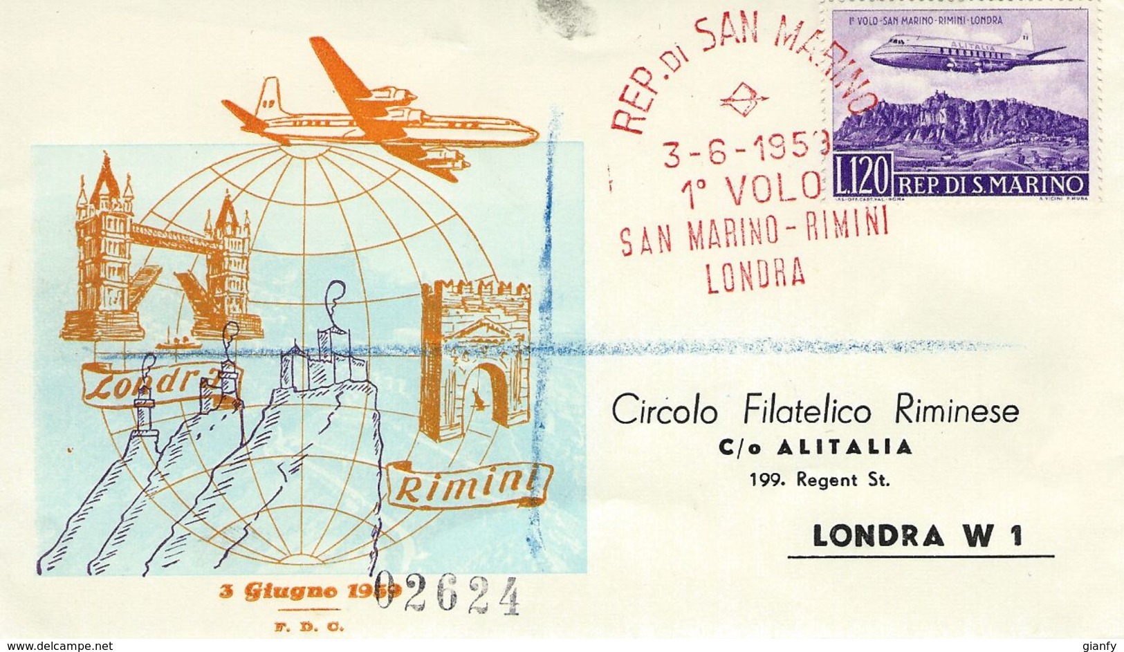 1959 1° VOLO SAN MARINO - LONDRA FDC SAN MARINO  FIRST FLY - Avions