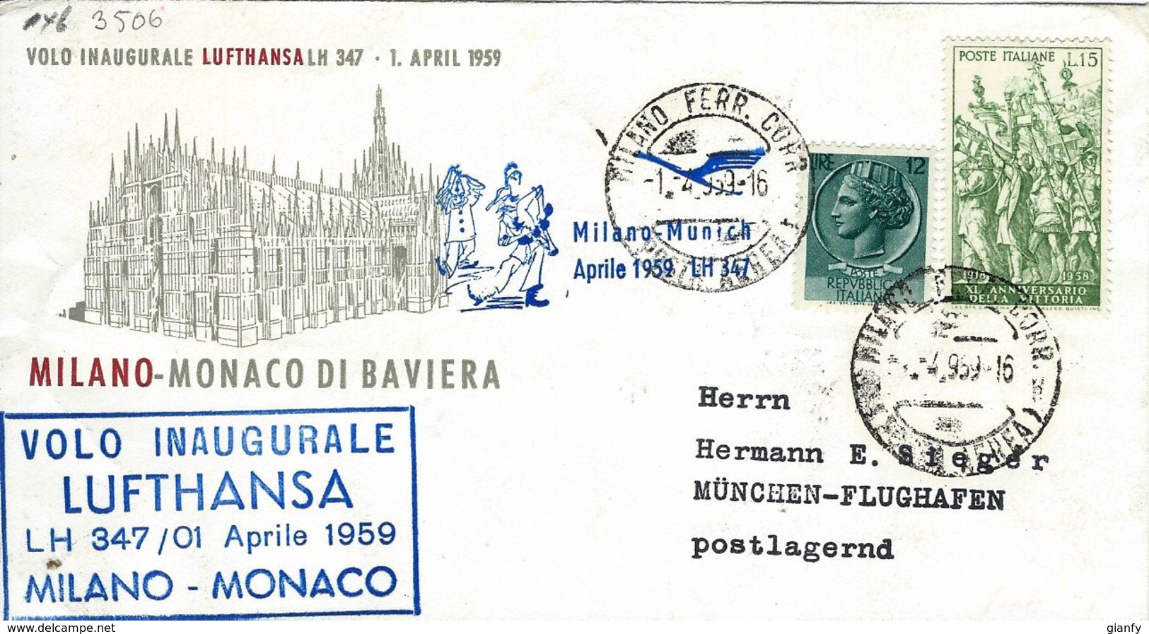 PRIMO VOLO FIRST FLIGHT LUFTHANSA MILANO MONACO 1959 AEROFILATELIA - Aerei