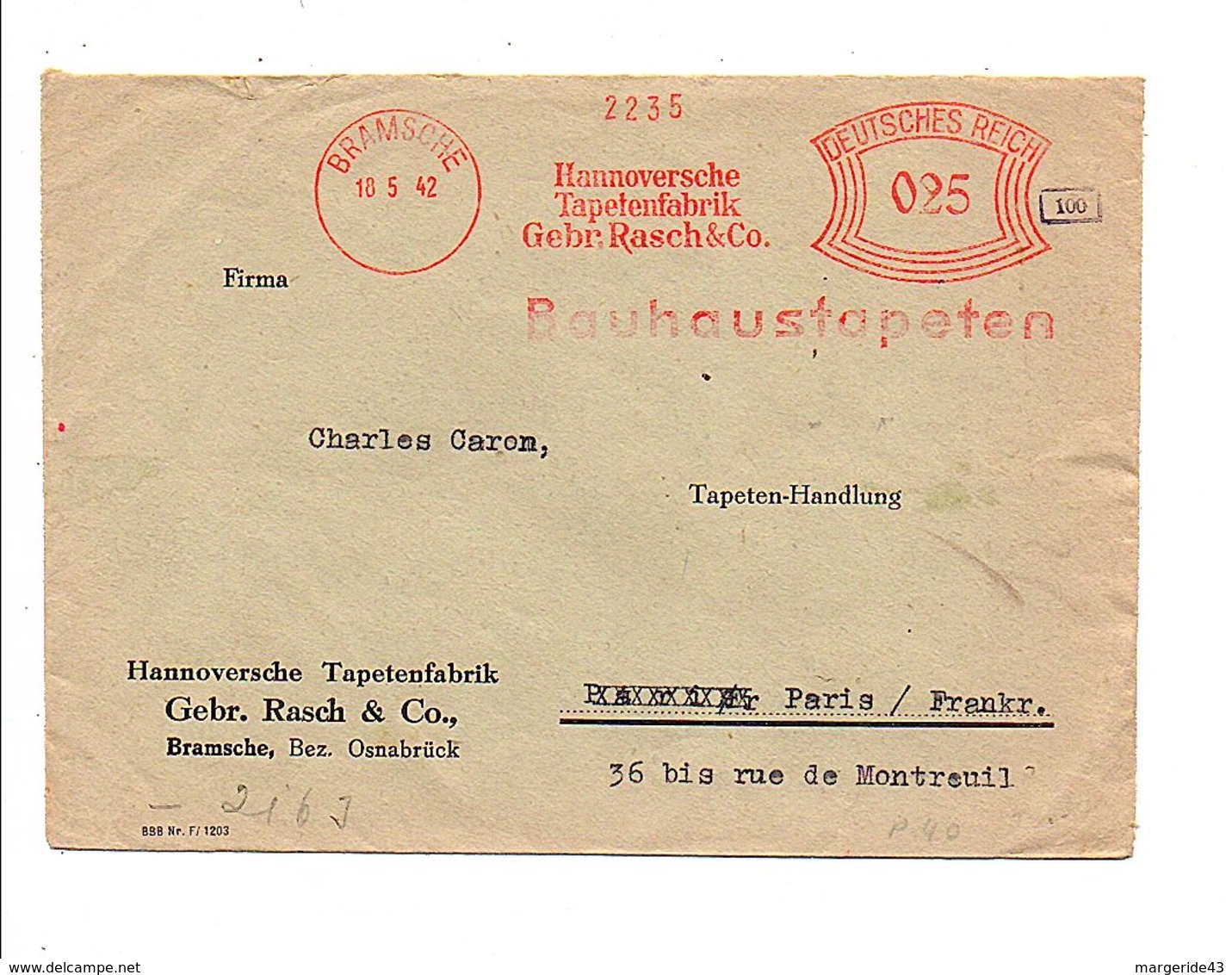 ALLEMAGNE REICH EMA SUR LETTRE DE BRAMSCHE POUR LA FRANCE 1942 OUVERTE PAR LA CENSURE - Lettres & Documents