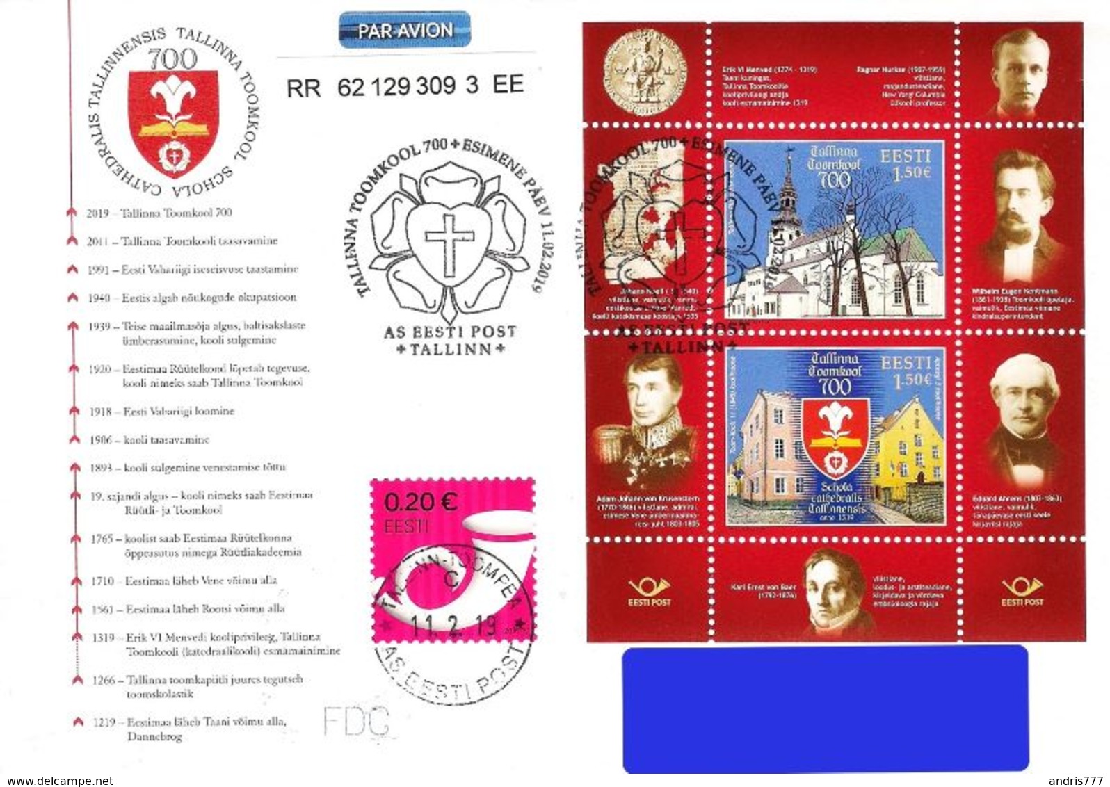 Estonia Estland Estonie 2019 (04) The 700th Anniversary Of Tallinn Cathedral School (addressed FDC) - Estonie