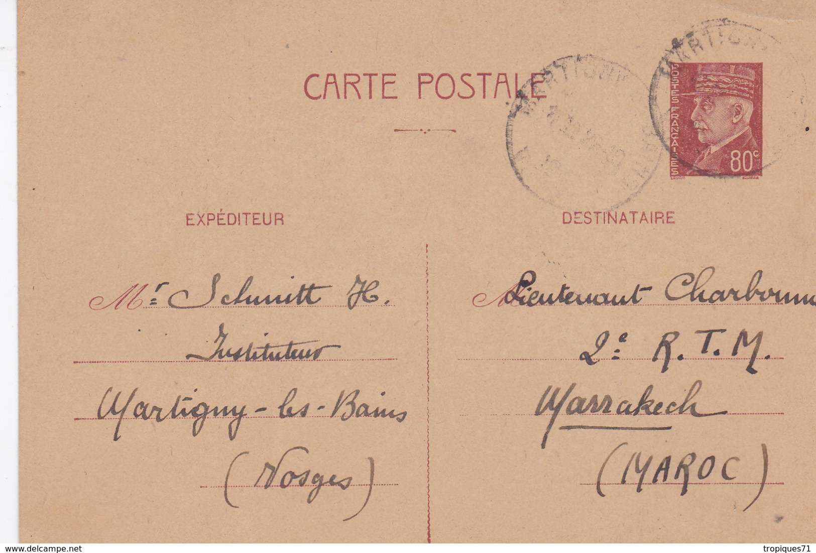 FRANCE ENTIER POSTAL 1941 43 TYPE PETAIN BRUN N° 512 CP1 OBLITERE MARTIGNY LES BAINS - Letter Cards