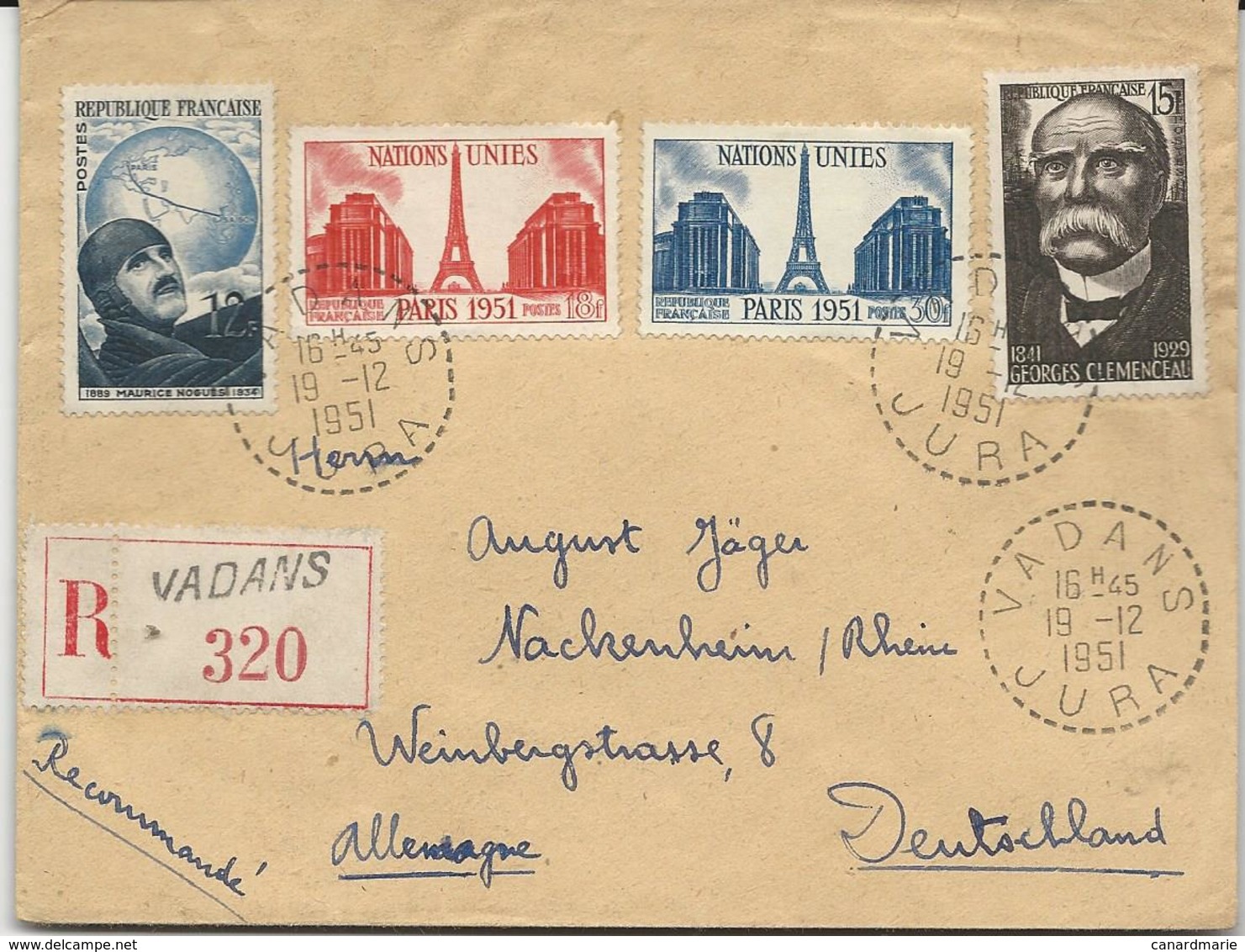 LETTRE RECOMMANDEE 1951 POUR L'ALLEMAGNE AVEC 4 TIMBRES ET CACHET PERLE DE VADANS - JURA - 1921-1960: Modern Period