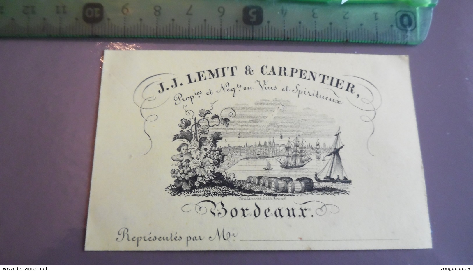 Carte De Visite Lemit & Carpentier Vin Et Spiritueux De Bordeaux Fond Jaune - Cartes De Visite