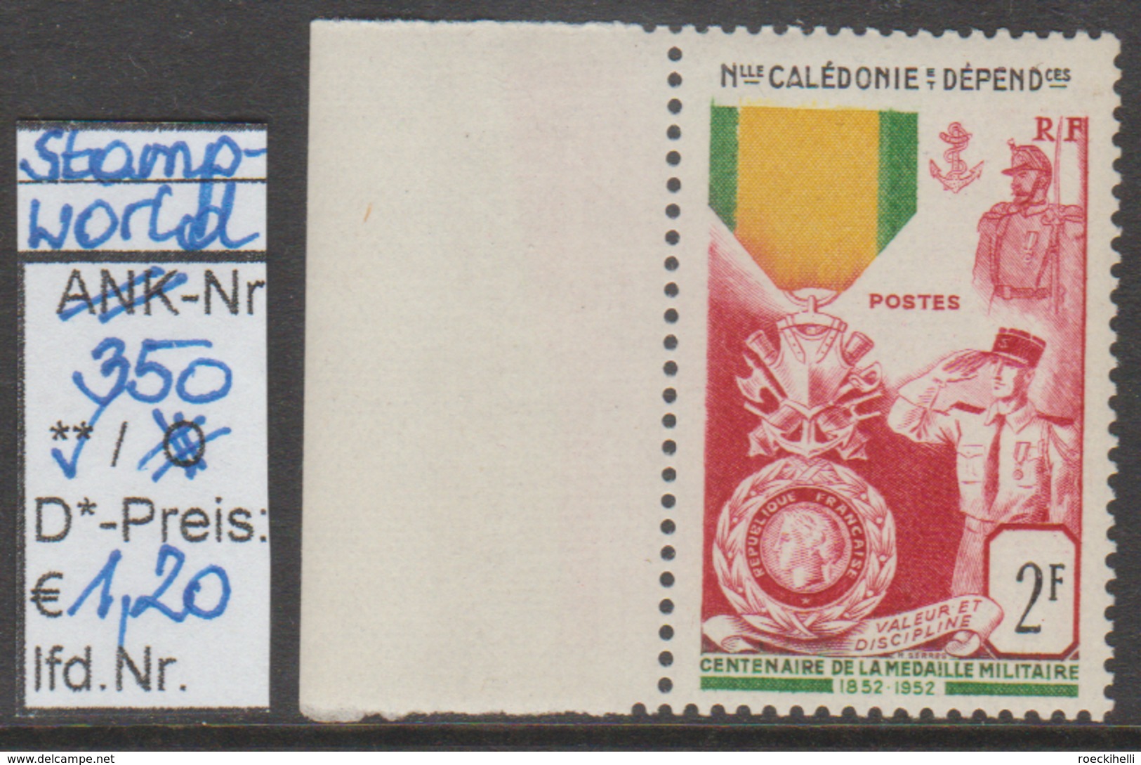 1952 - SM  "Franz. Militär.Medaille - Nue Caledonie Et Depend."  - ** Postfrisch M. Allonge - S. Scan  (stampworld 350) - Ungebraucht