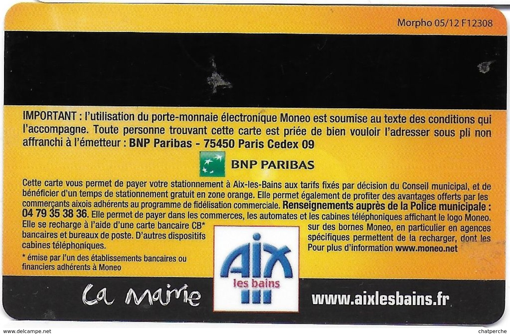 CARTE A PUCE CHIP CARD MONEO AIX-LES-BAINS 73 SAVOIE STATIONNEMENT TRACES USAGE MAIS TTB - Monéo