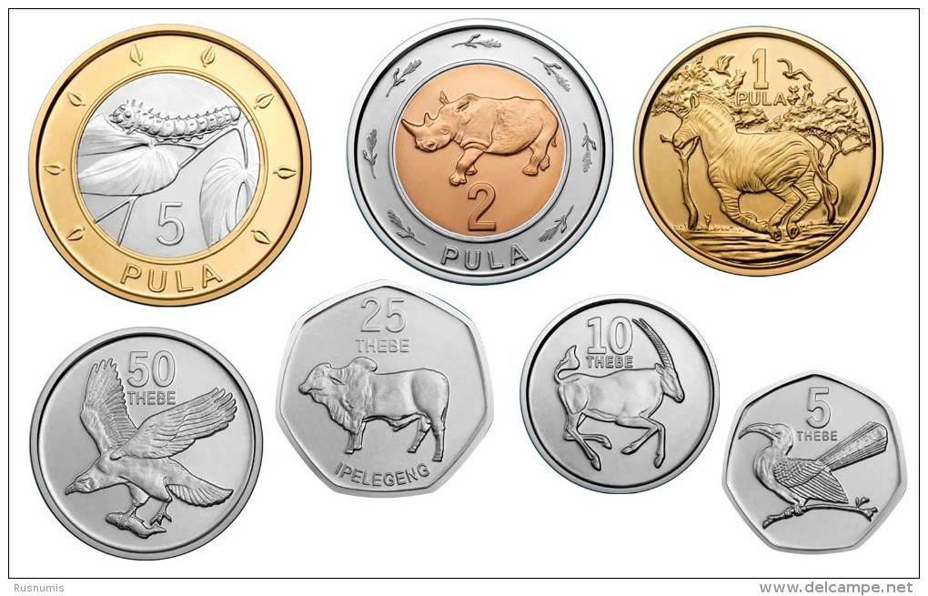 BOTSWANA ANIMALS 7 COINS SET 5, 10, 25, 50 THEBE + 1, 2, 5 PULA BIMETAL UNC 2013 - Botswana