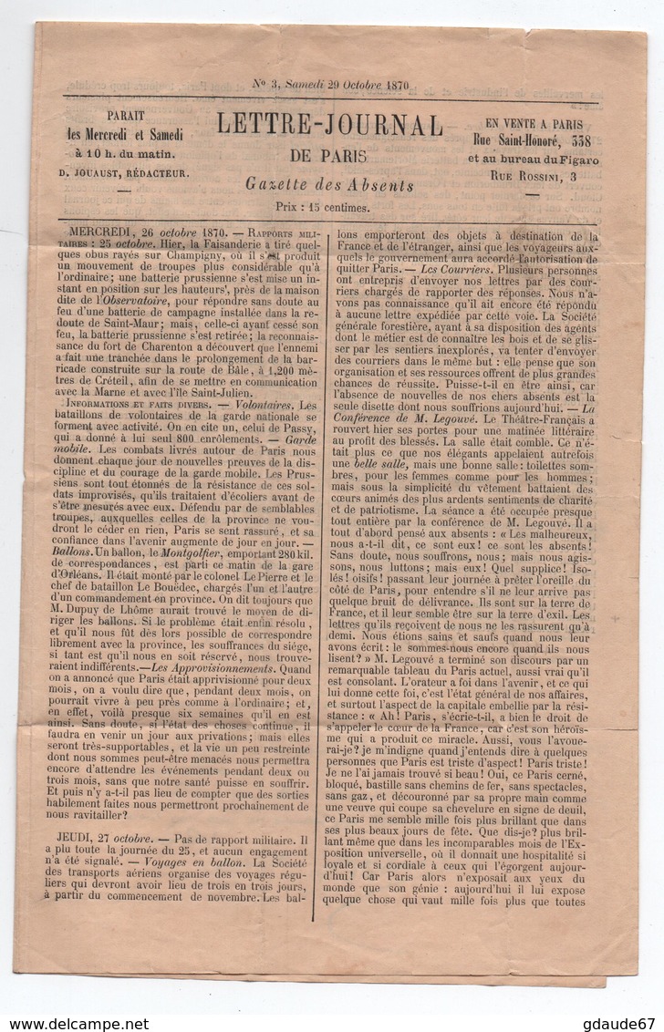 29/10/1870 - BALLON MONTE LE FULTON / GAZETTE DES ABSENTS N°3 - Guerre De 1870