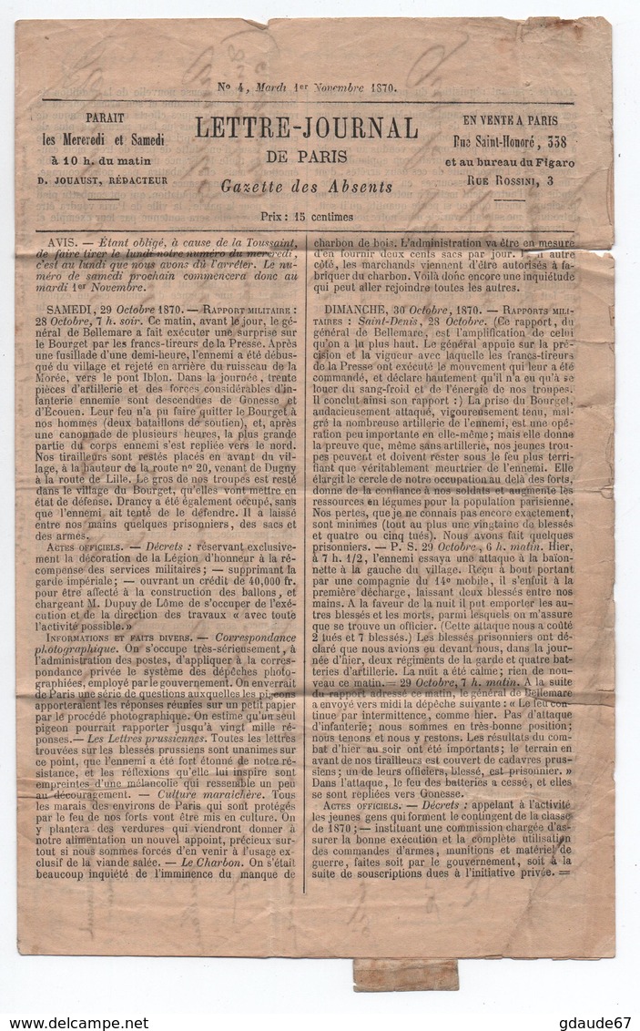 06/11/1870 - BALLON MONTE VILLE DE CHATEAUDUN / GAZETTE DES ABSENTS N°4 - Guerre De 1870