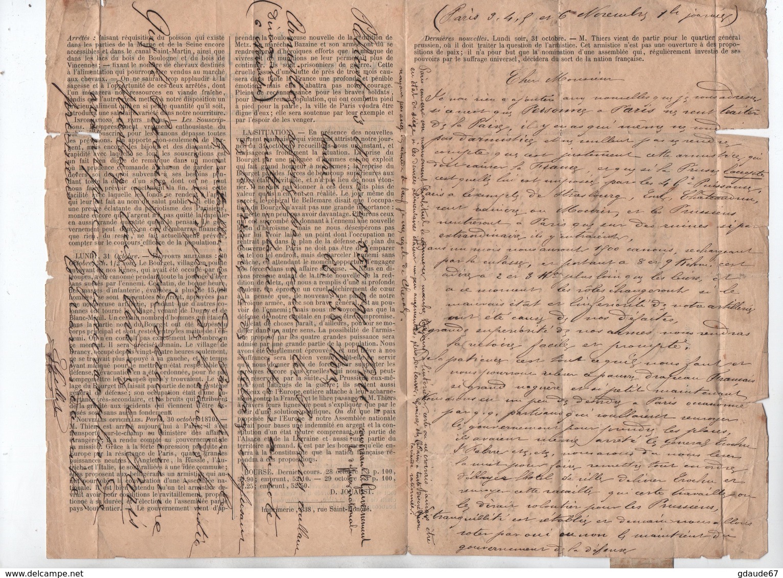 06/11/1870 - BALLON MONTE VILLE DE CHATEAUDUN / GAZETTE DES ABSENTS N°4 - Guerre De 1870