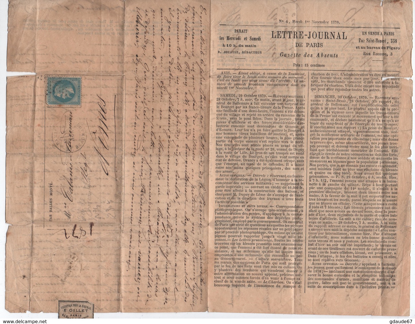 06/11/1870 - BALLON MONTE VILLE DE CHATEAUDUN / GAZETTE DES ABSENTS N°4 - Guerre De 1870