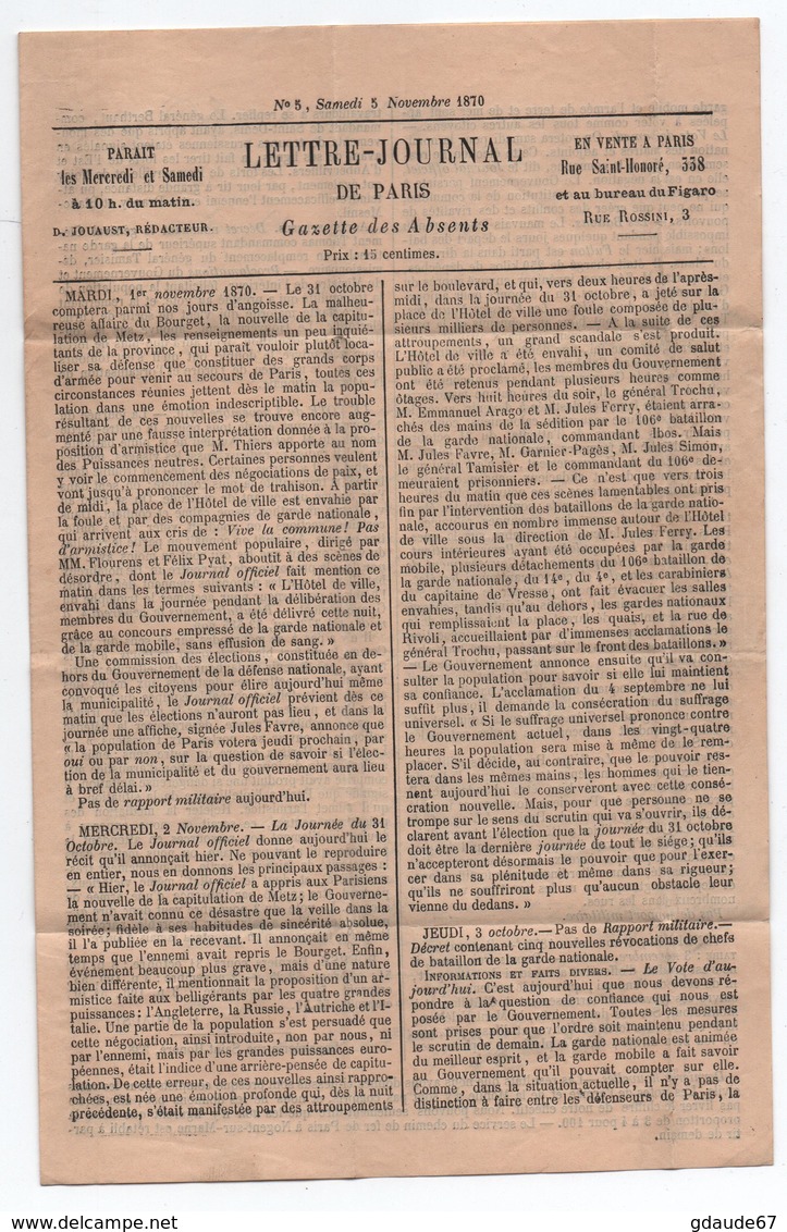 07/11/1870 - BALLON MONTE LE GIRONDE / GAZETTE DES ABSENTS N°5 - Guerre De 1870