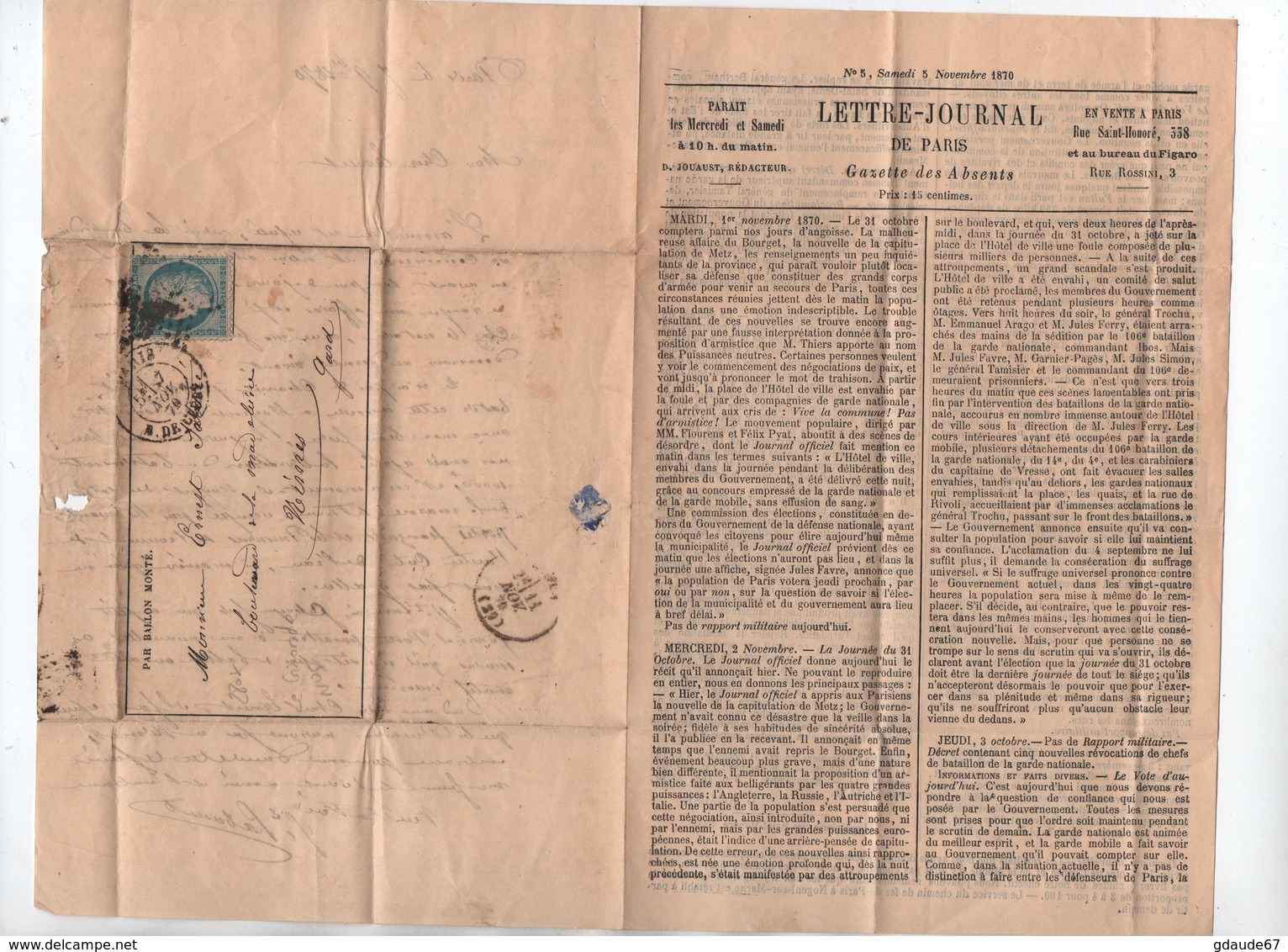 07/11/1870 - BALLON MONTE LE GIRONDE / GAZETTE DES ABSENTS N°5 - Guerre De 1870