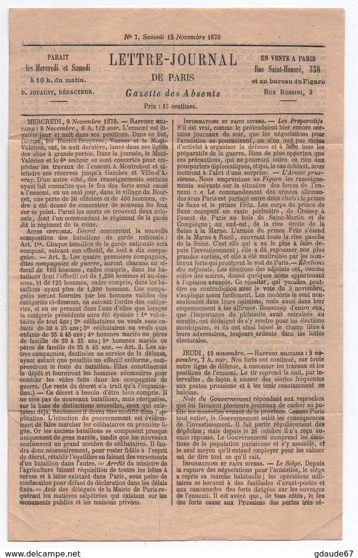 14/11/1870 - BALLON MONTE GENERAL UHRICH / GAZETTE DES ABSENTS N°7 - Guerre De 1870