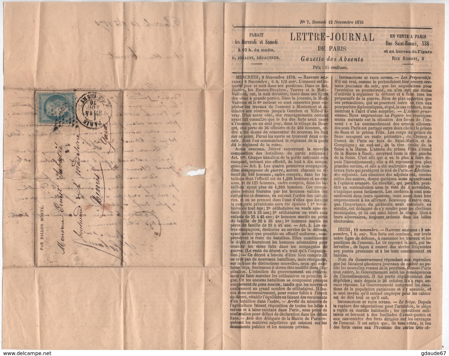 14/11/1870 - BALLON MONTE GENERAL UHRICH / GAZETTE DES ABSENTS N°7 - Guerre De 1870