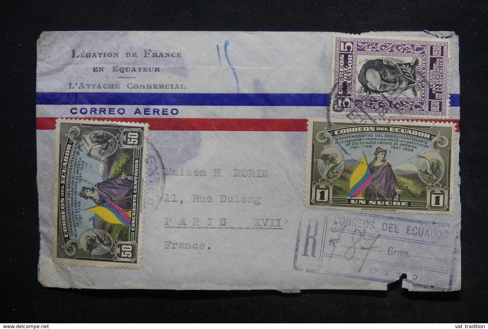 EQUATEUR - Enveloppe De La Légation De France En Reco. De Quito Pour Paris En 1938 Via Cristobal Et New York - L 24077 - Equateur