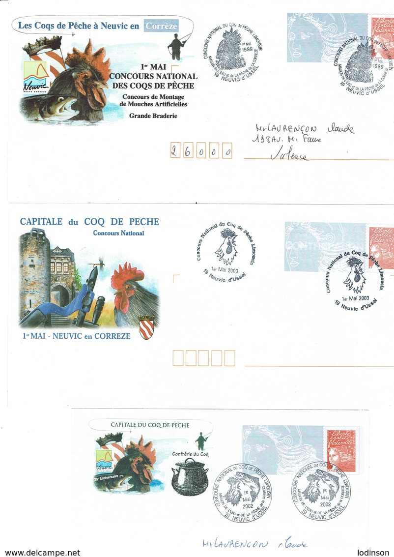 FRANCE Neuvic D'Usselensemble  De Flammes- Oblitérations- PAP-carte Postale Thème Truites Coqs Mouches De Pêche - Fishes