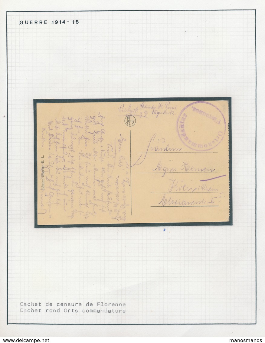 702/28 - Carte- Vue En Feldpost Cachet Ortskommandatur FLORENNES 1915 Vers KOLN Allemagne - Army: German