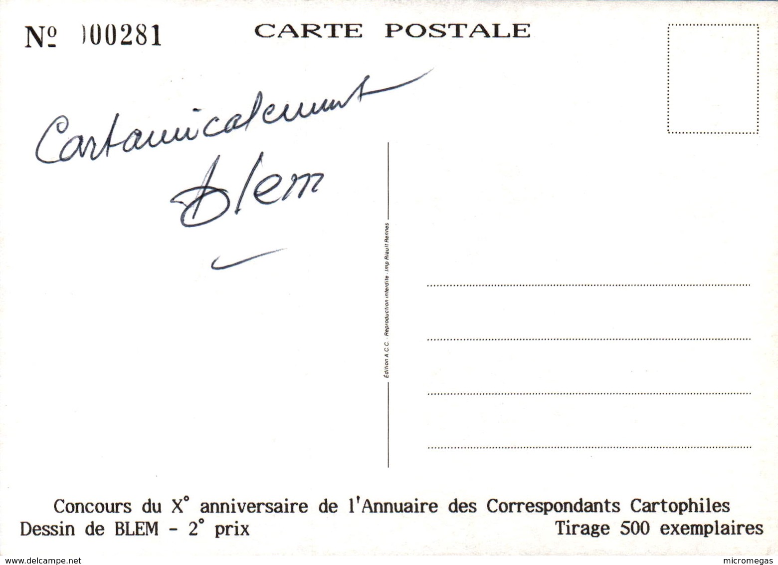 Concours Du X° Anniversaire De L'Annuaire Des Correspondants Cartophiles -- Dessin De Raymond BLEM - 2e Prix - Bourses & Salons De Collections