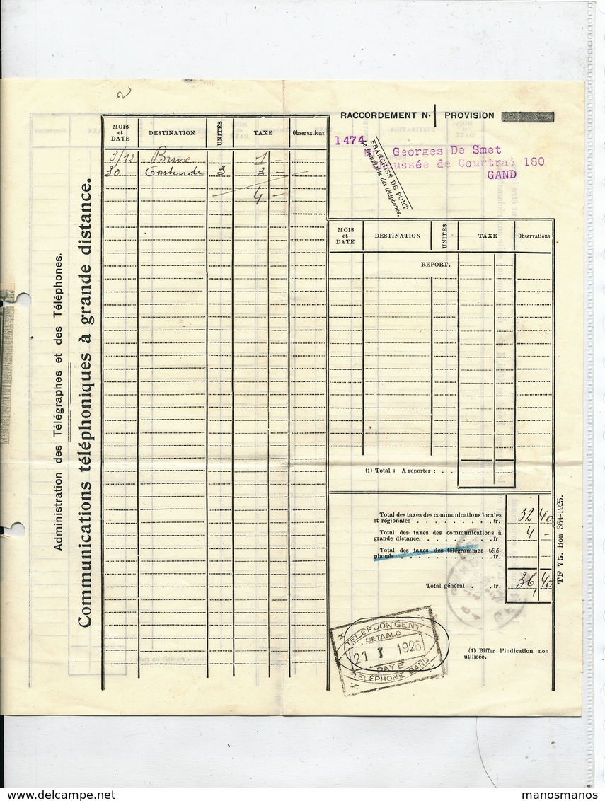 704/28 - Document Relevé Des Téléphones De GENT 1926 - Cachet Bilingue PAYE Téléphone GAND - Timbres Téléphones [TE]