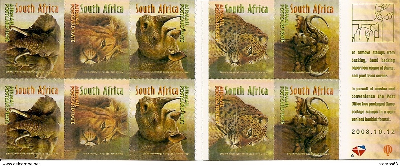 SOUTH AFRICA, 2003, Booklet 61a,  Big Five, Reprint 12.10.03 - Libretti