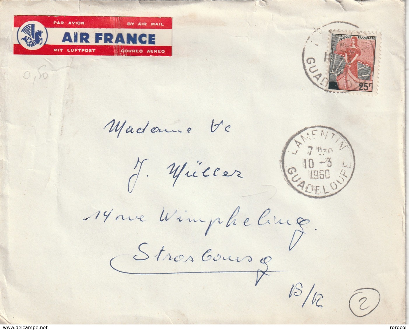 LETTRE 1960 AIR FRANCE LAMENTIN GUADELOUPE - 1959-1960 Marianne (am Bug)