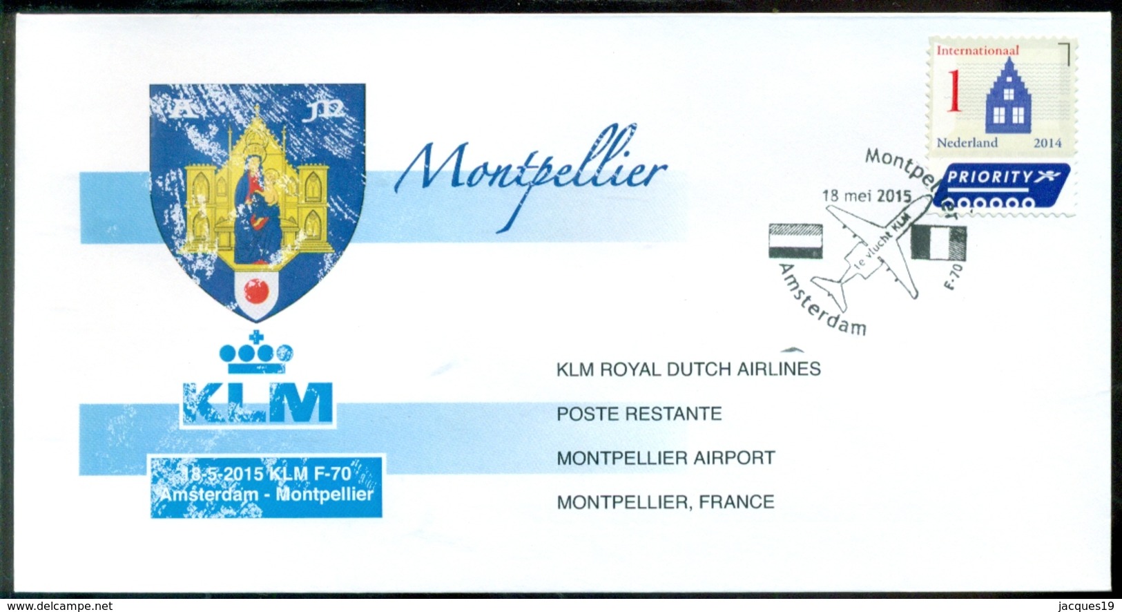 Nederland 2015 Envelop Eerste KLM Lijnvlucht Met Fokker 70 Amsterdam - Montpellier - Poste Aérienne