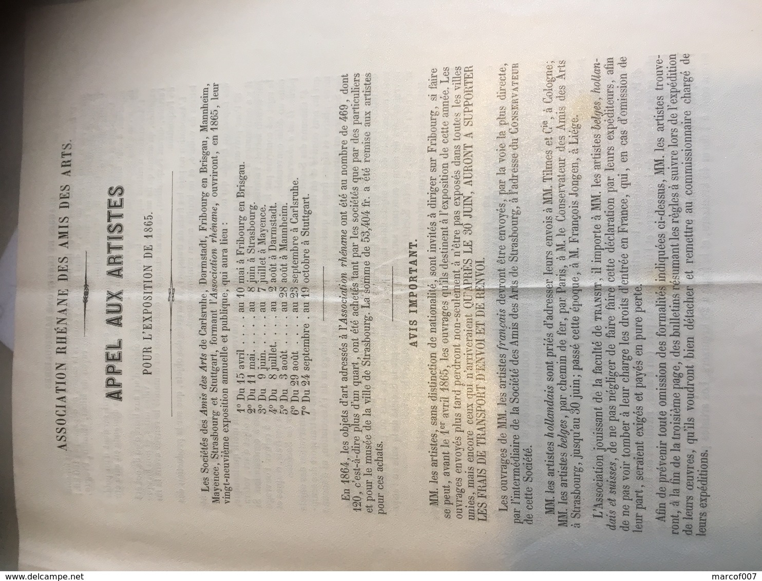 Association Rhénane Des Amis Des Arts Appel Au Artistes 1865 3 Pages - Programmes