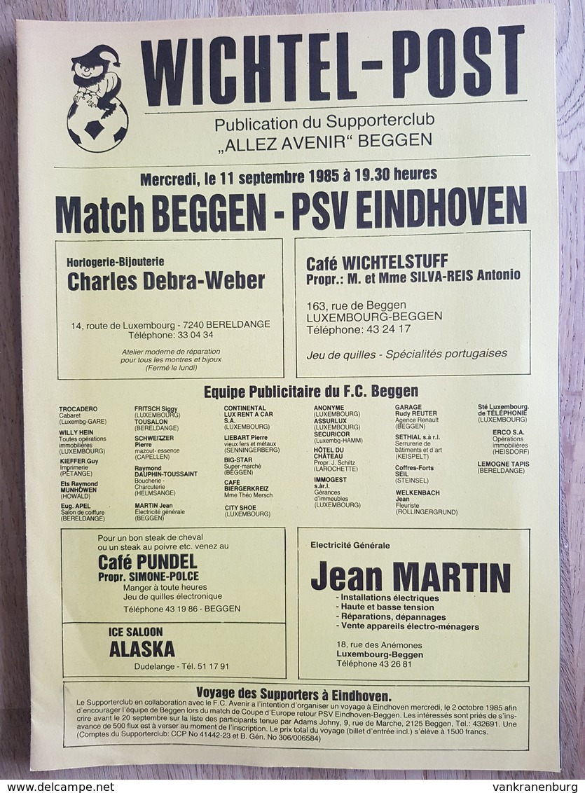 Programme Football Programma Avenir Beggen - PSV, 11 September 1985 UEFA Cup - Boeken