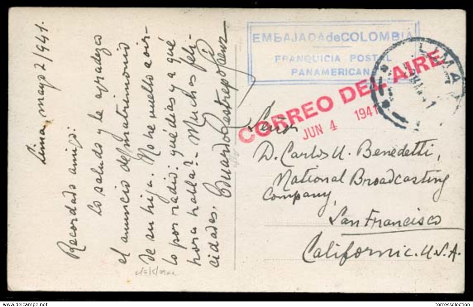 PERU. 1941. Lima - USA. Consular Freemail PPC + "Correo Del Aire" Stline (!) + Cds. Rarity. - Peru