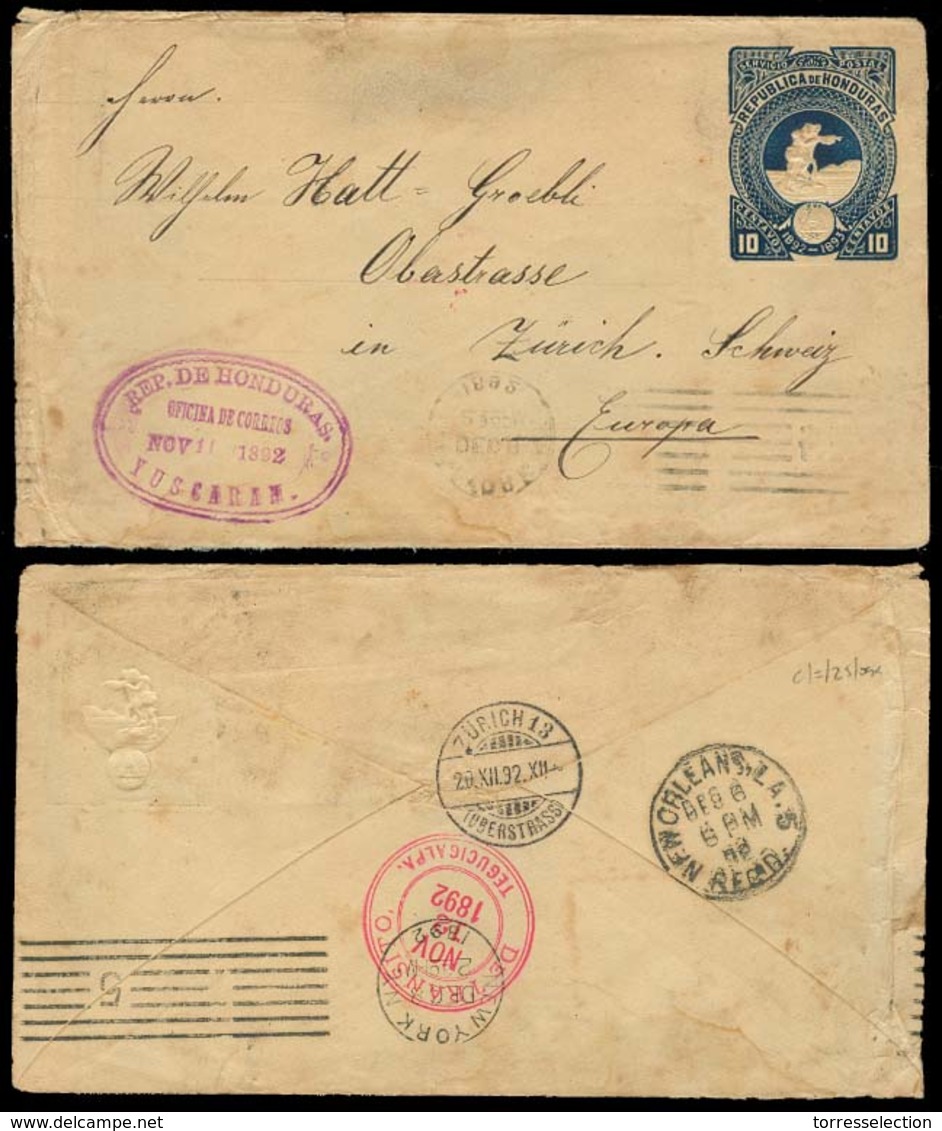 HONDURAS. 1892. Yuscaran - Switzerland. Rare Town Overseas Usage On Stat Env. Several Transits Reverse. Via Tega. - Honduras