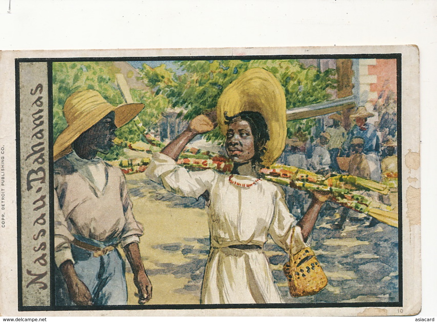 Nassau Bahamas  Phostint Card Colored  Art Card Couple Of Black Natives  Sugar Cane - Bahama's