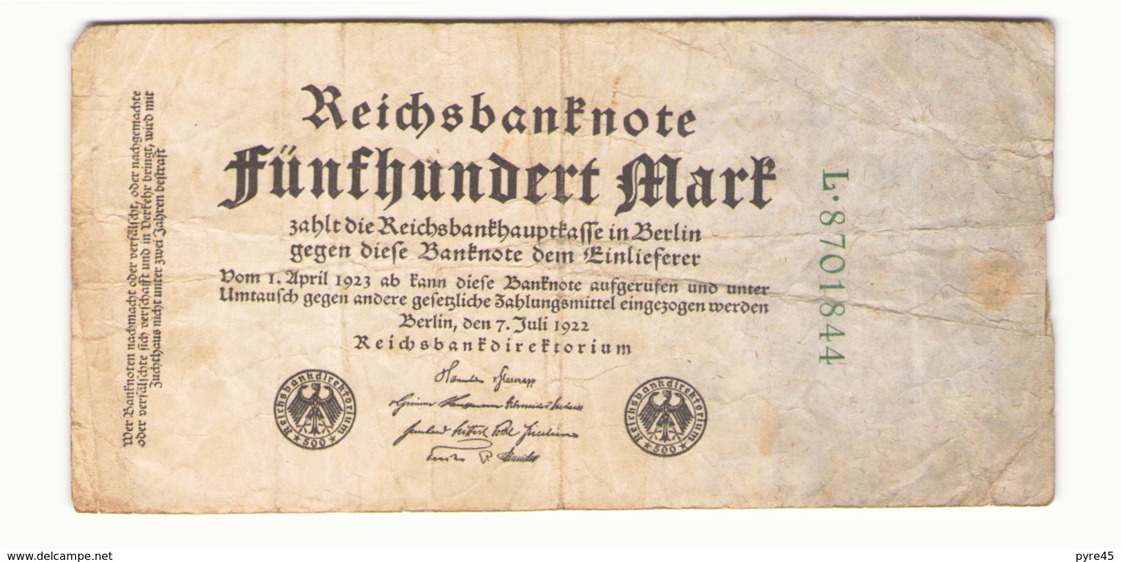 Allemagne Billet 500 Mark 1922, ( Pliures, Déchirures, Rousseurs Taches  ) - 500 Mark