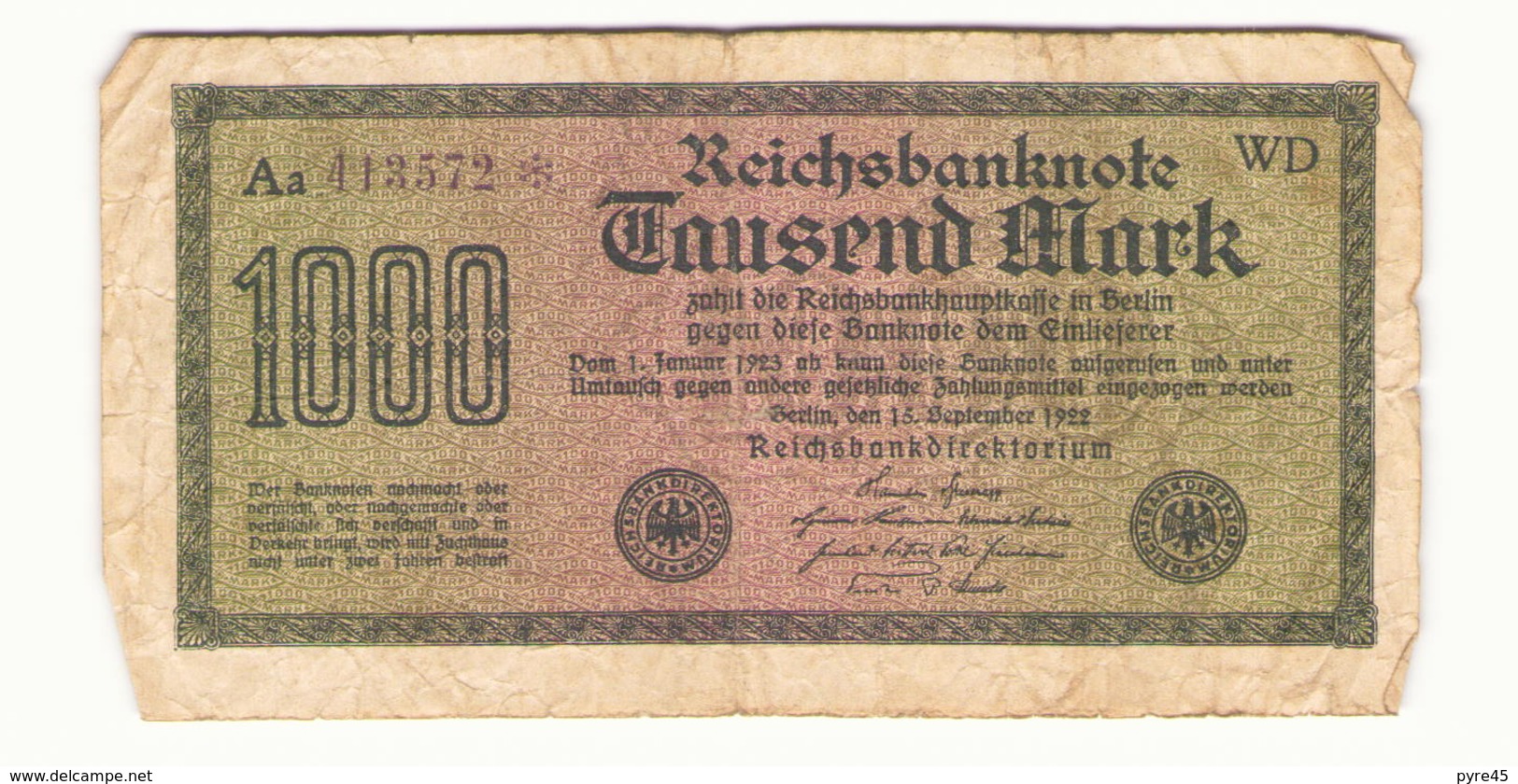 Allemagne Billet 1000 Mark 1922, ( Pliures, Déchirures, Rousseurs Taches  ) - 1000 Mark