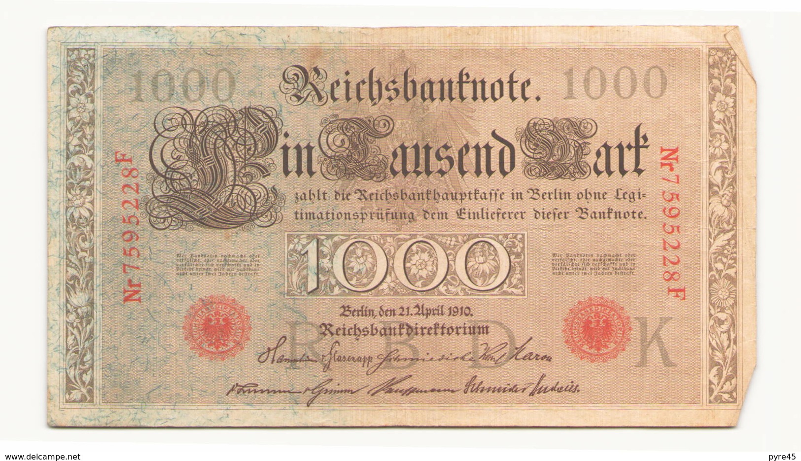 Allemagne Billet 1000 Mark 1910, ( Pliures, Déchirures, Rousseurs Taches  ) - 1.000 Mark